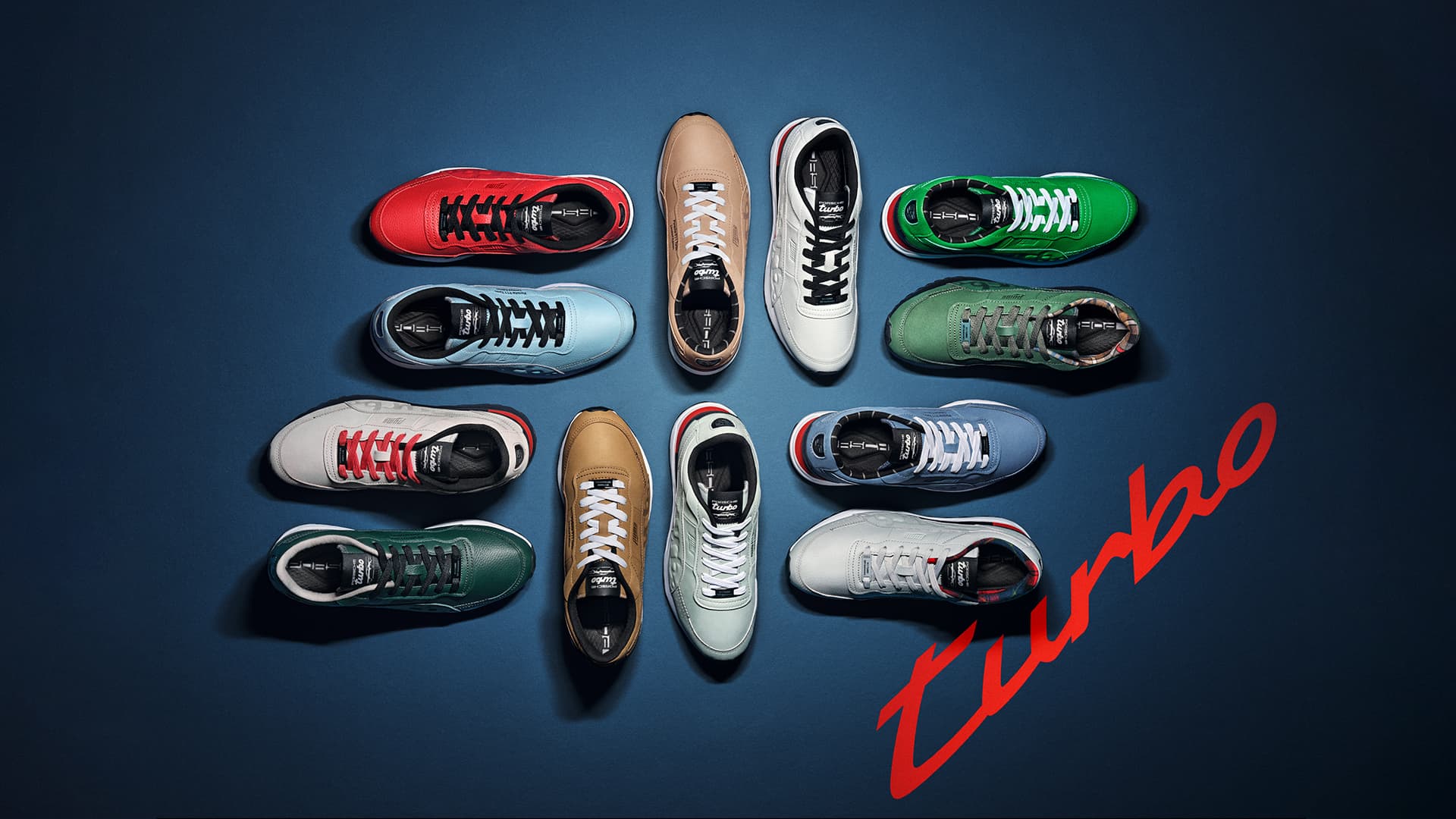 All 50Y Turbo Sneaker next to each other with a red -turbo- lettering