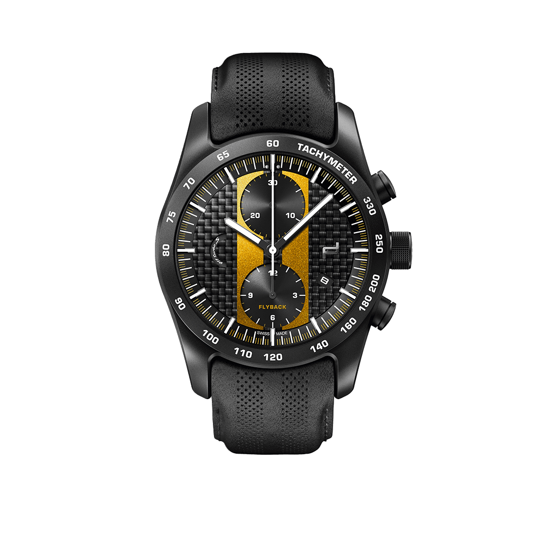 Na zdjęciu zegarek naręczny Porsche Chronograph 911 Turbo S Exclusive Series w kolorze czarnym, ze złotą tarczą.