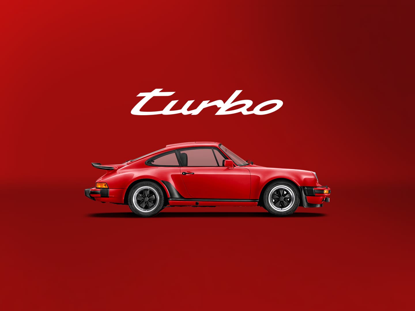 Red historic Porsche 911 on a red background with a white Turbo lettering above the car