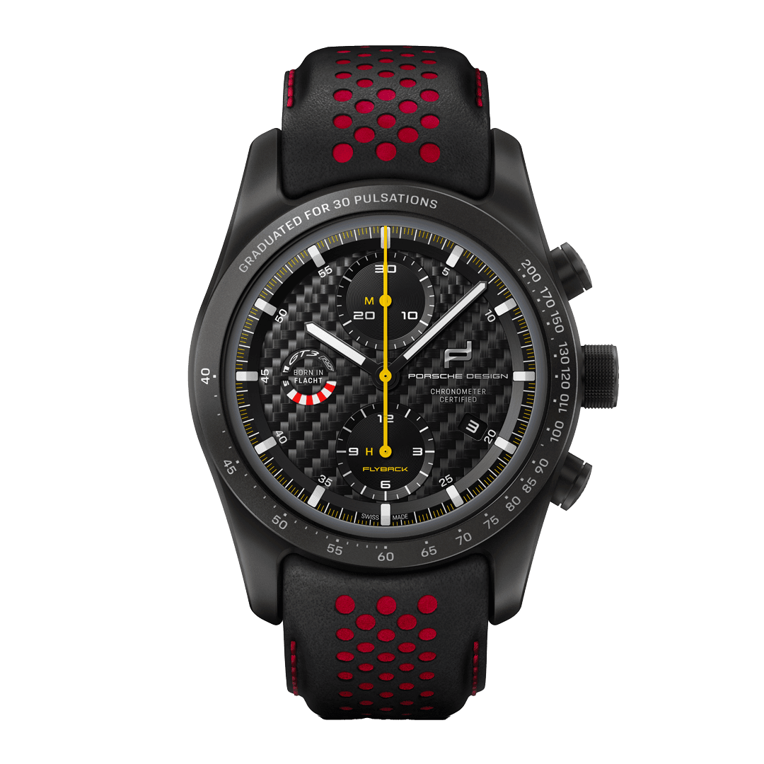 Na zdjęciu zegarek na rękę Porsche Chronograph 1 GT3 RS z czarno-czerwonym paskiem.