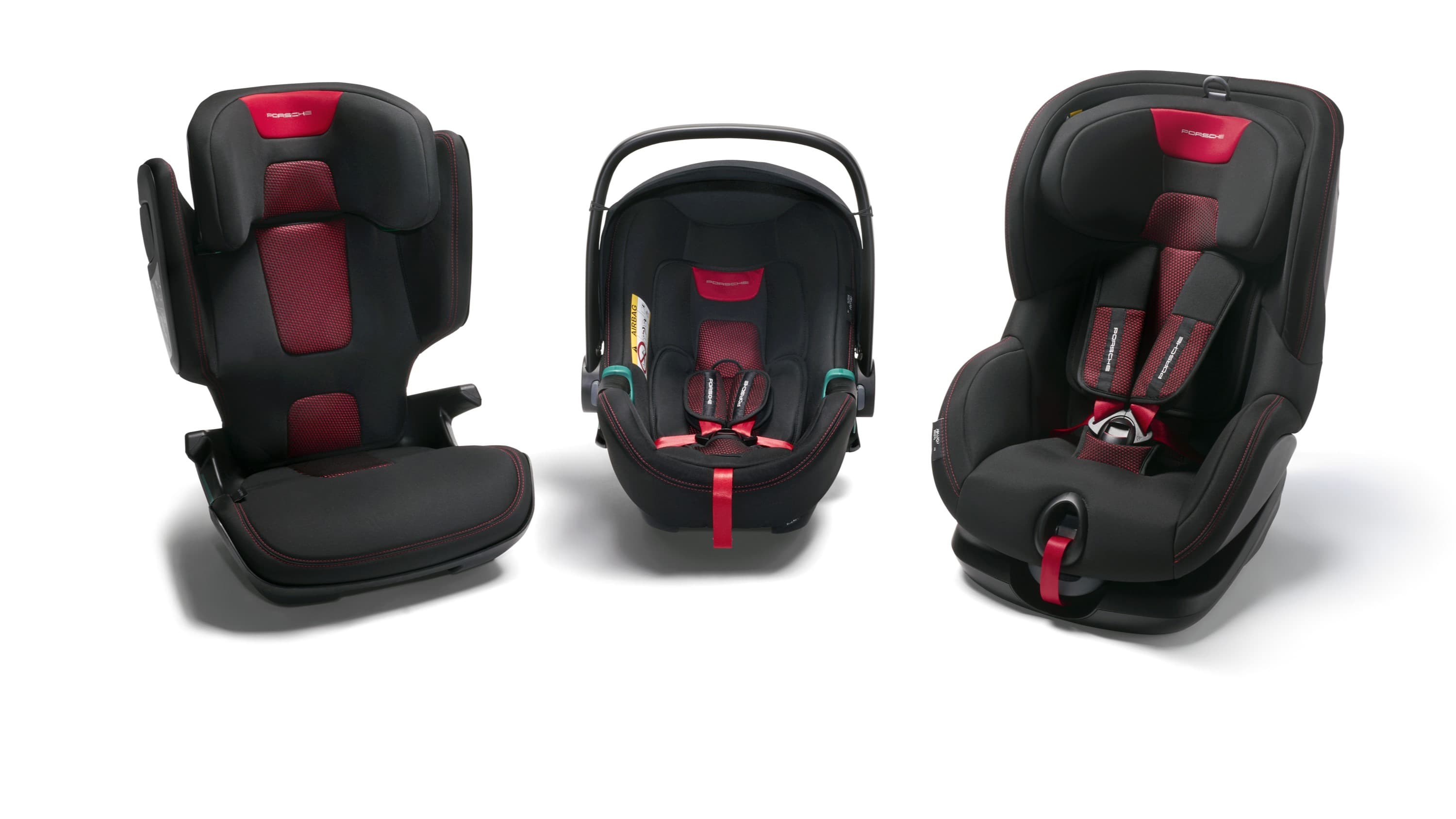 Three black and red Porsche child seats on a white background, showcasing different models and designs.