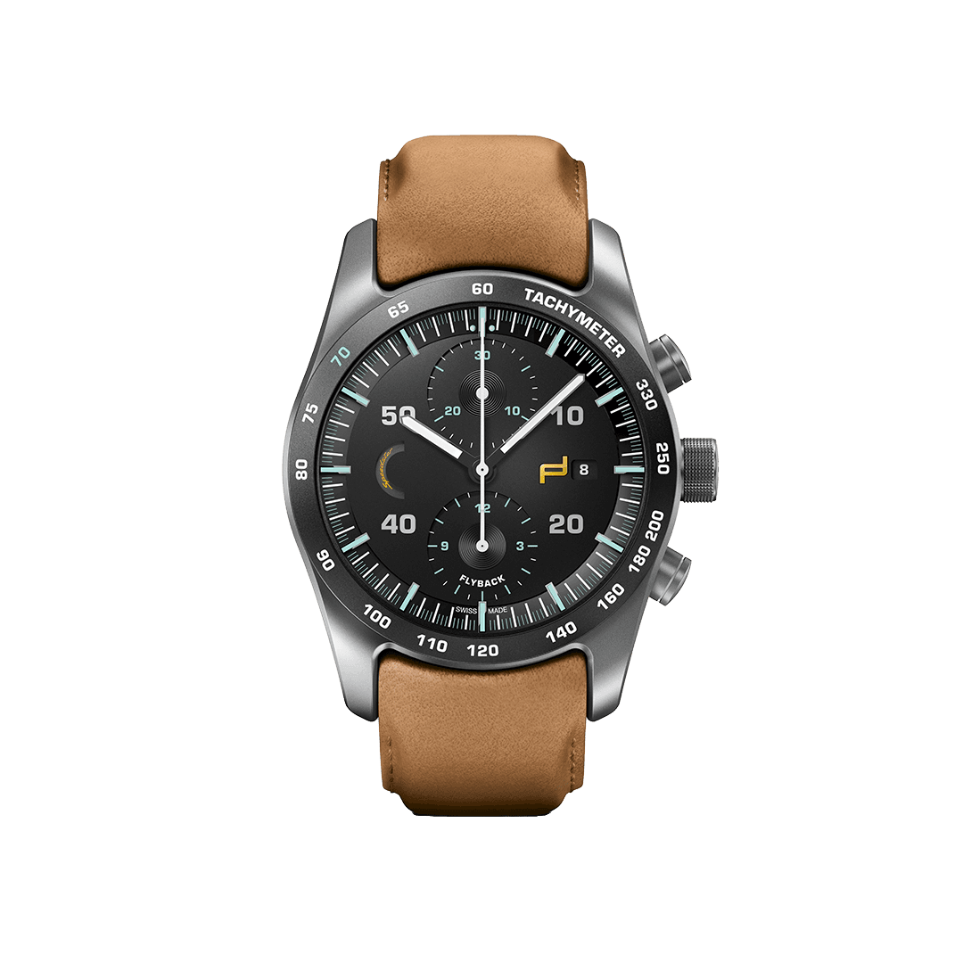 Na zdjęciu zegarek na rękę Porsche Chronograph 911 Speedster Heritage Design z brązowym paskiem.