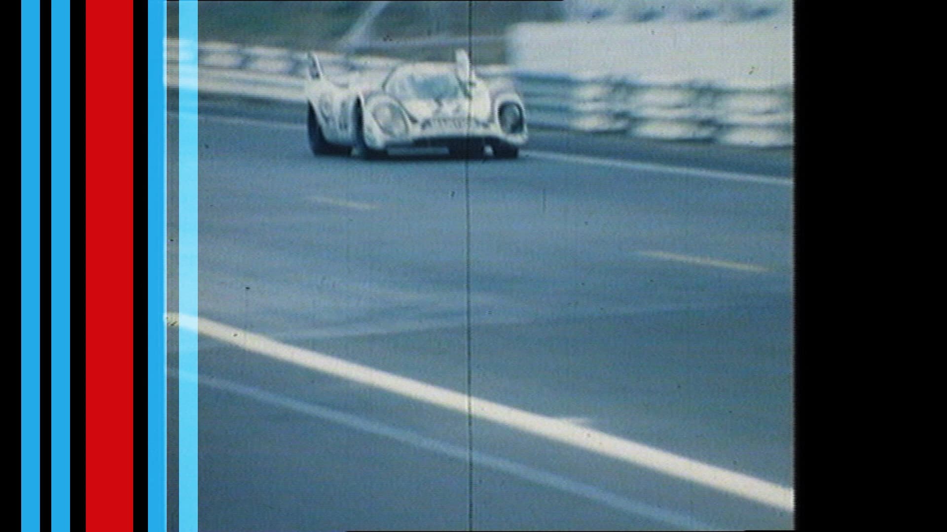 Hostoric driving scenes of a Porsche MARTINI RACING car